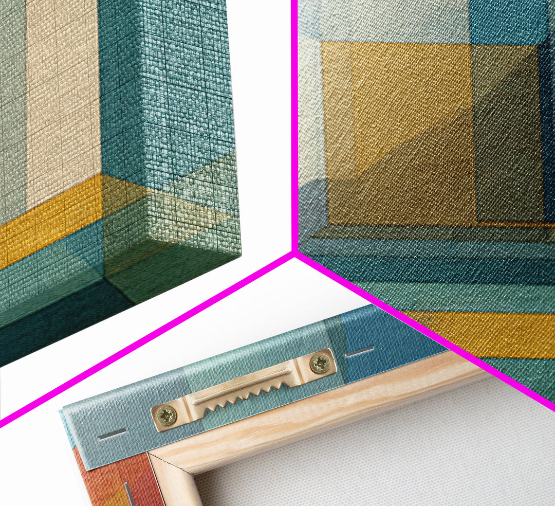 Abstract Desert Passage Wall Art, Geometric Architecture Canvas Print, Midcentury Modern Decor, Teal Gold Perspective Poster
