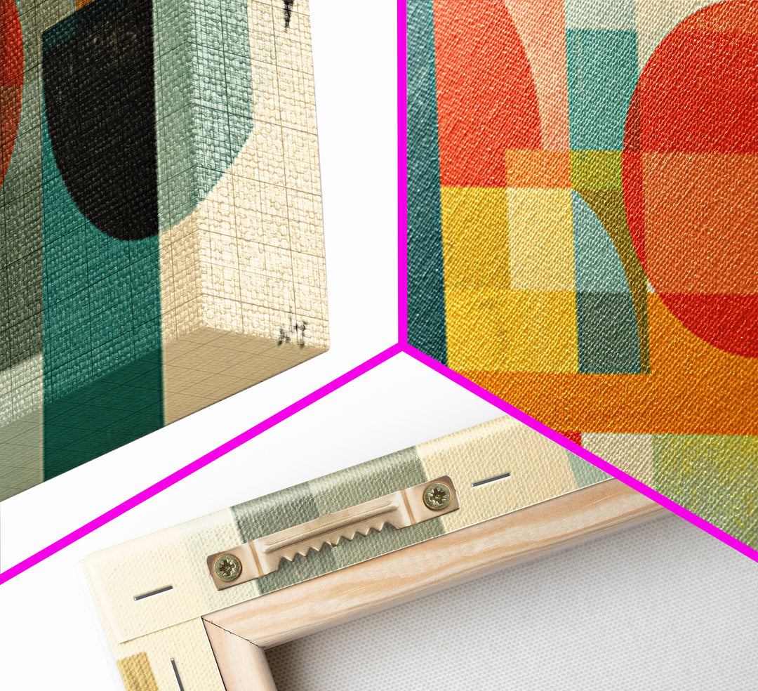 Retro Geometric Shapes Wall Art, Midcentury Modern Canvas Print, Abstract Circles Arches, Teal Orange Mustard Home Decor