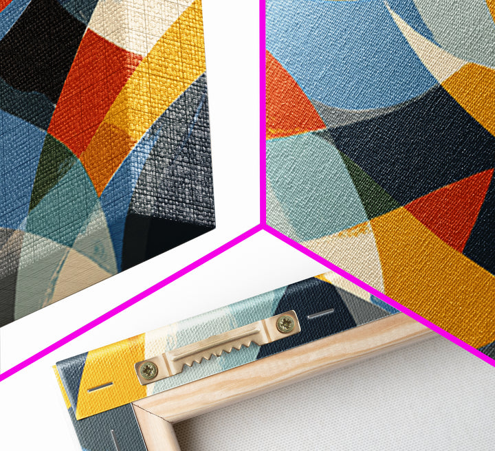 Blue Orange And Golden Crescent Geometry Wall Art, Midcentury Modern Abstract Art Print, Retro MCM Decor For Office And Home