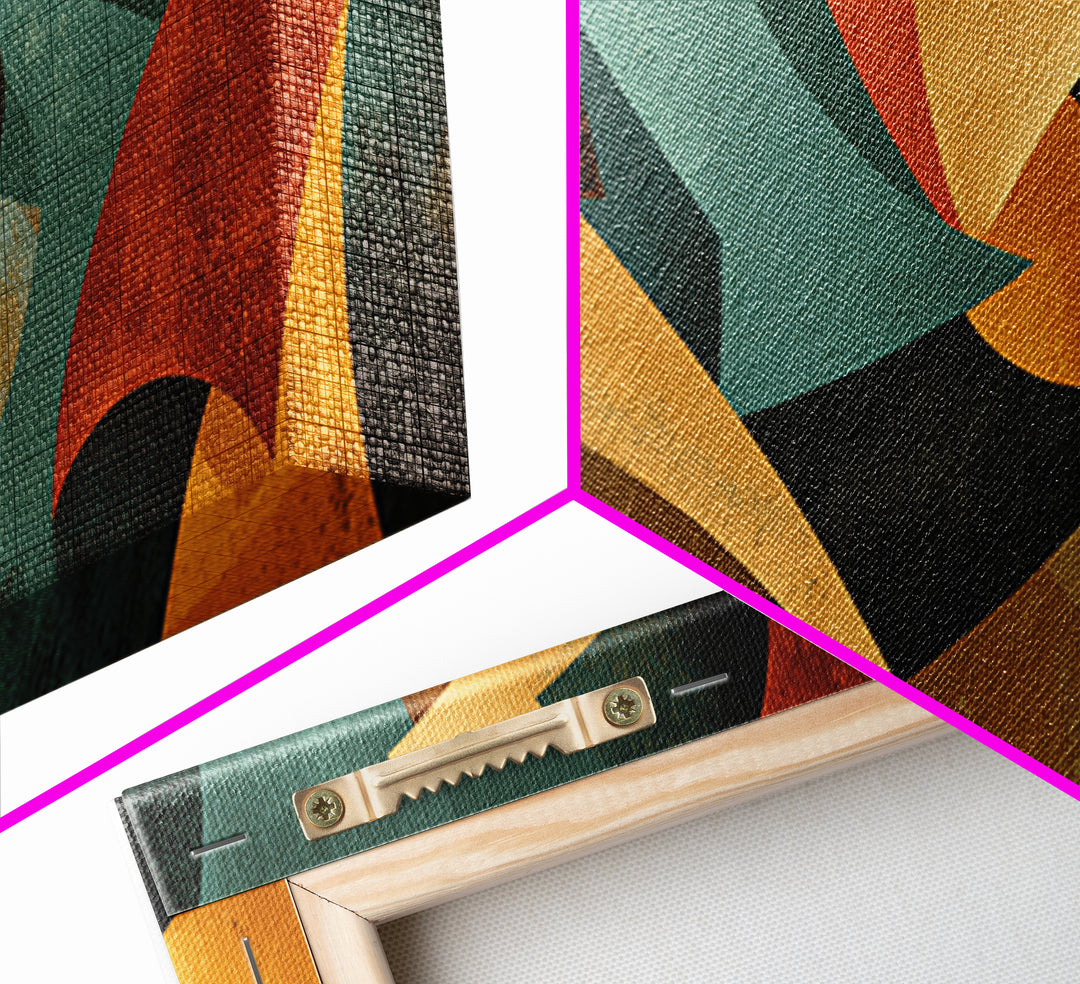 Burnt Orange Teal And Black Sweeping Forms Framed Canvas Print, Midcentury Modern Wall Art, Abstract Retro Decor For Living Room