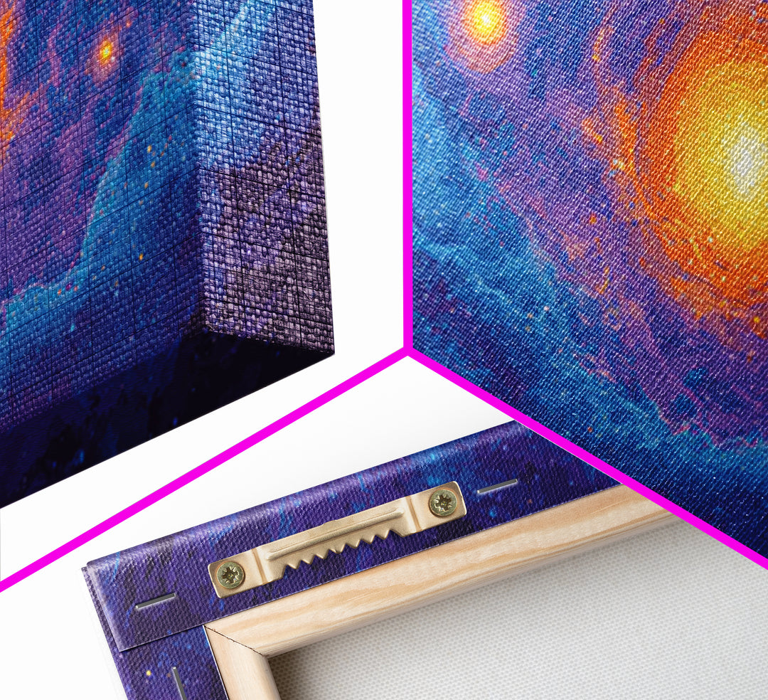 Glowing Blue Galaxy Nebula With Orange Stars Wall Art, Modern Abstract Art Print, Cosmic Retro Poster, Living Room Decor
