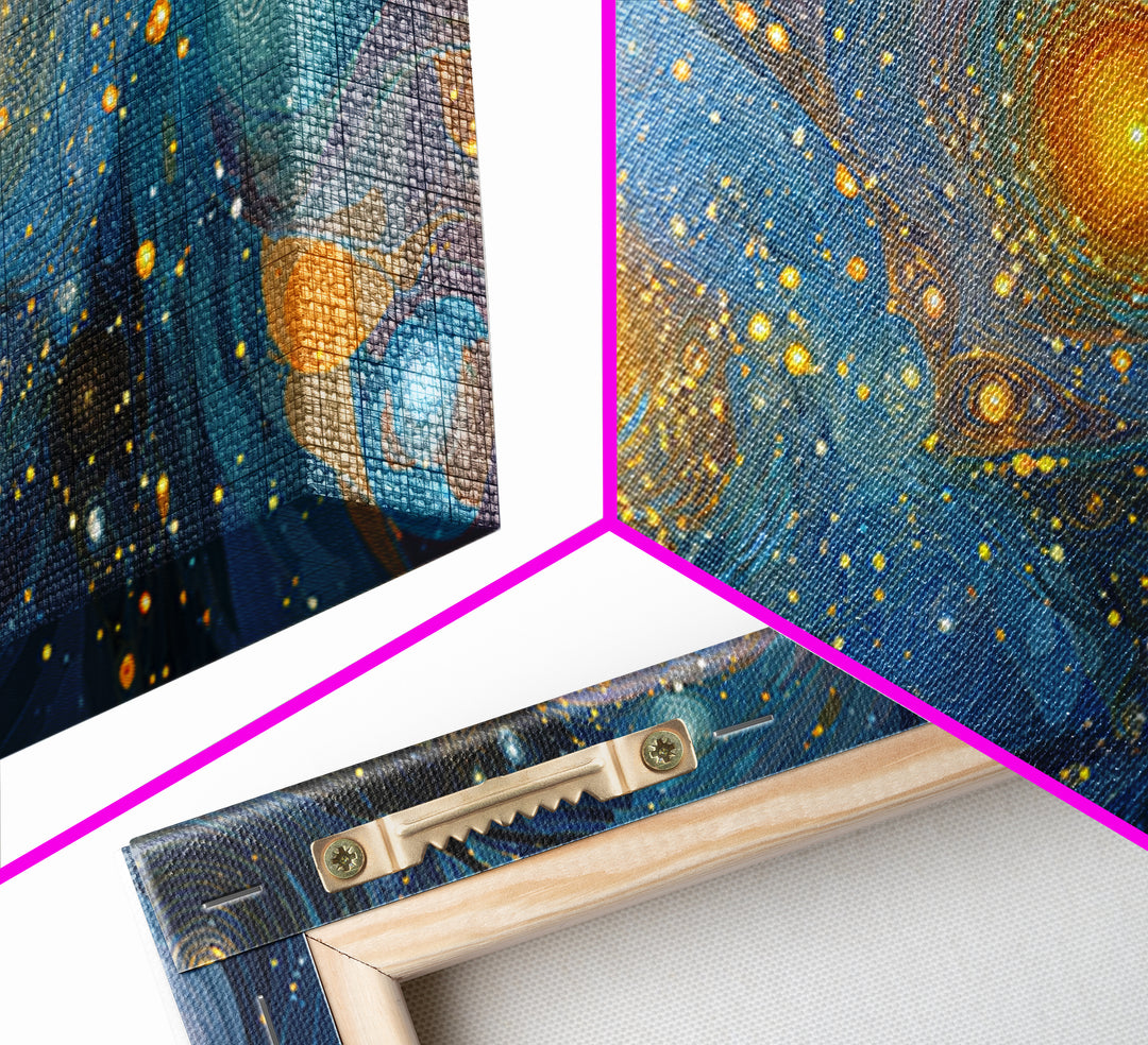 Swirling Starry Blue And Gold Galaxy Framed Canvas Print, Modern Wall Art, Abstract Poster, Celestial Living Room Decor Prints