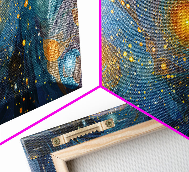 Swirling Starry Blue And Gold Galaxy Framed Canvas Print, Modern Wall Art, Abstract Poster, Celestial Living Room Decor Prints
