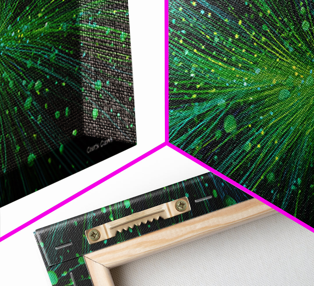 Green Particle Burst Canvas Print, Abstract Energy Lines Wall Art, Modern Digital Artwork, Sci Fi Poster For Home Office Decor