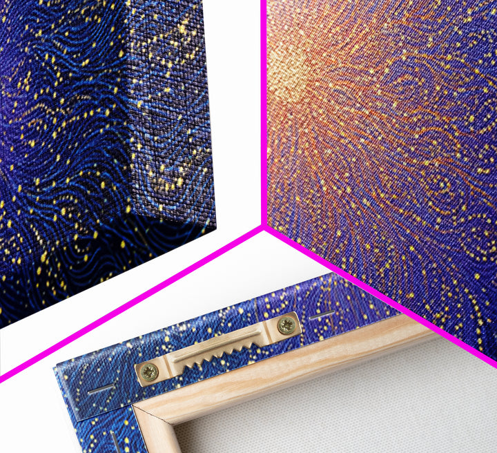 Golden Starburst Blue Wave Wall Art, Cosmic Abstract Digital Print, Modern Wall Decor, Vibrant Space Poster For Living Room