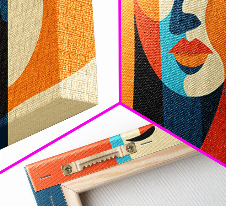 Geometric Woman Face Canvas Print, Midcentury Modern Abstract Art, Orange Teal Wall Decor, Retro MCM Home Decor Poster Gift