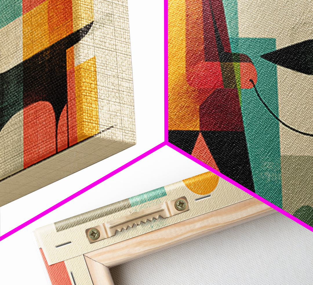 Man Walking Black Dog Wall Art, Midcentury Modern Illustration, Retro Abstract Shapes, Colorful Home Decor Canvas Print Gift