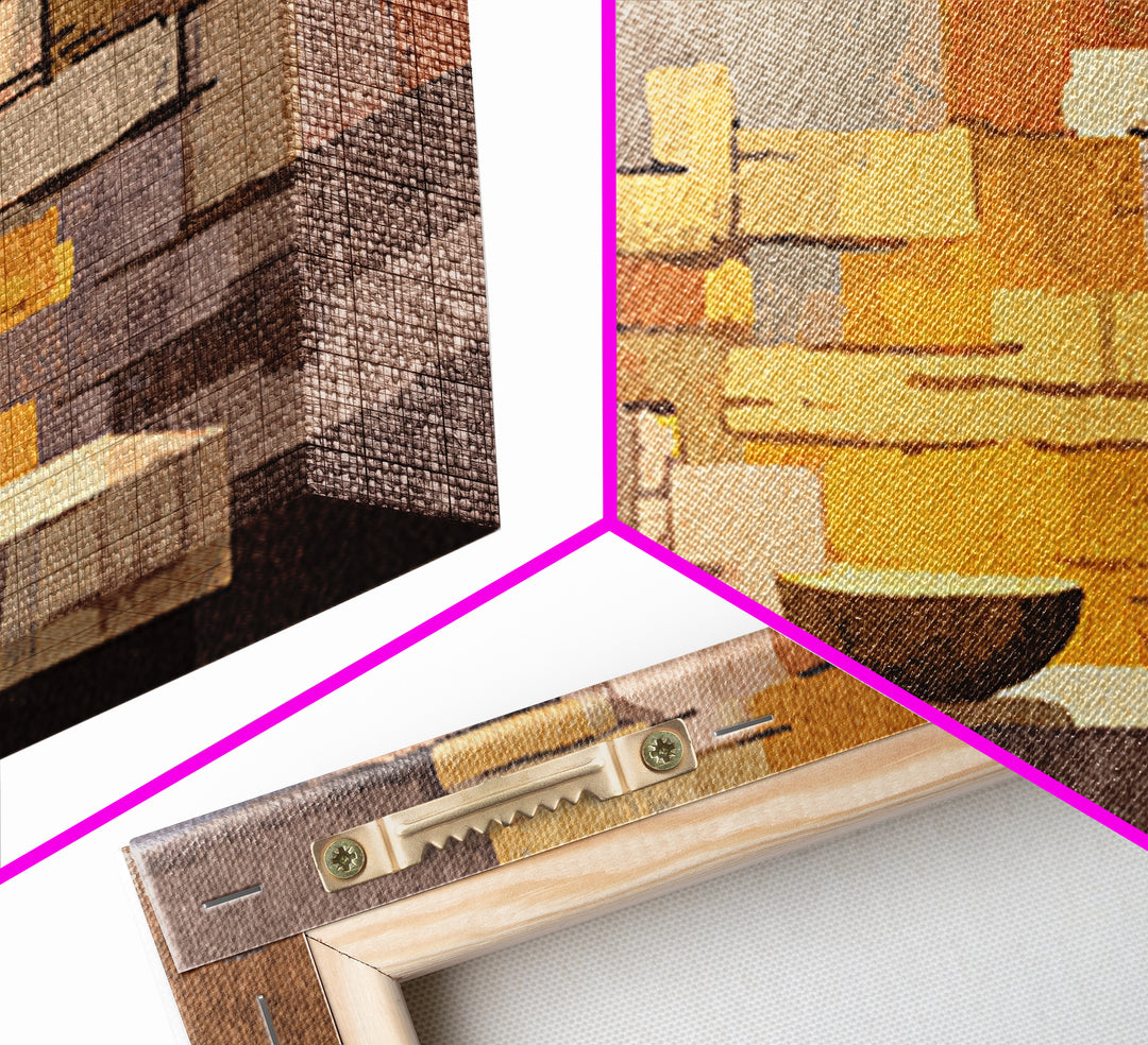 Abstract Stone Fireplace Wall Art, Midcentury Modern Home Decor, Warm Geometric Canvas Print, Cozy Living Room Artwork Poster