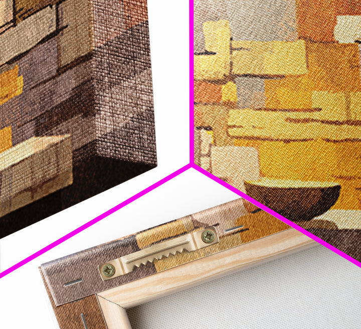 Abstract Stone Fireplace Wall Art, Midcentury Modern Home Decor, Warm Geometric Canvas Print, Cozy Living Room Artwork Poster