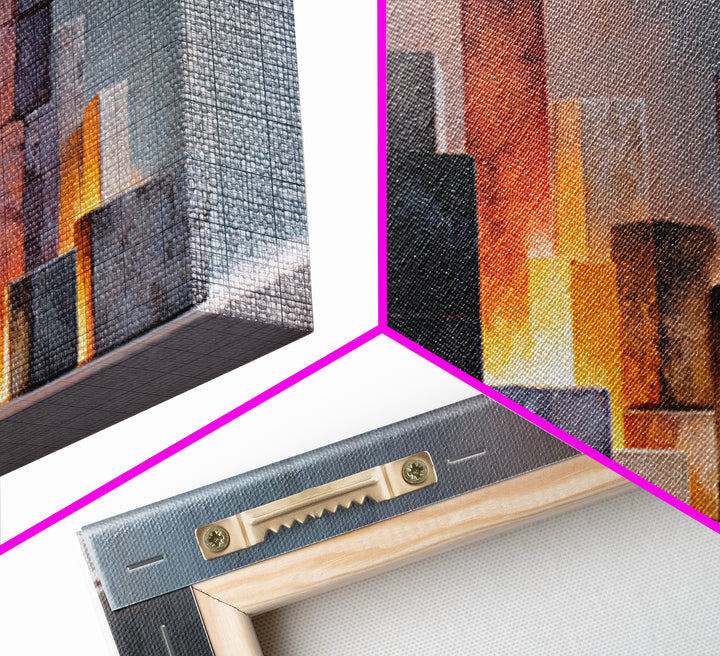 Glowing Stone Block Skyline At Dusk, Framed Canvas Print, Modern Abstract Art, Office Wall Decor, Neutral Home Decor, Living Room Art