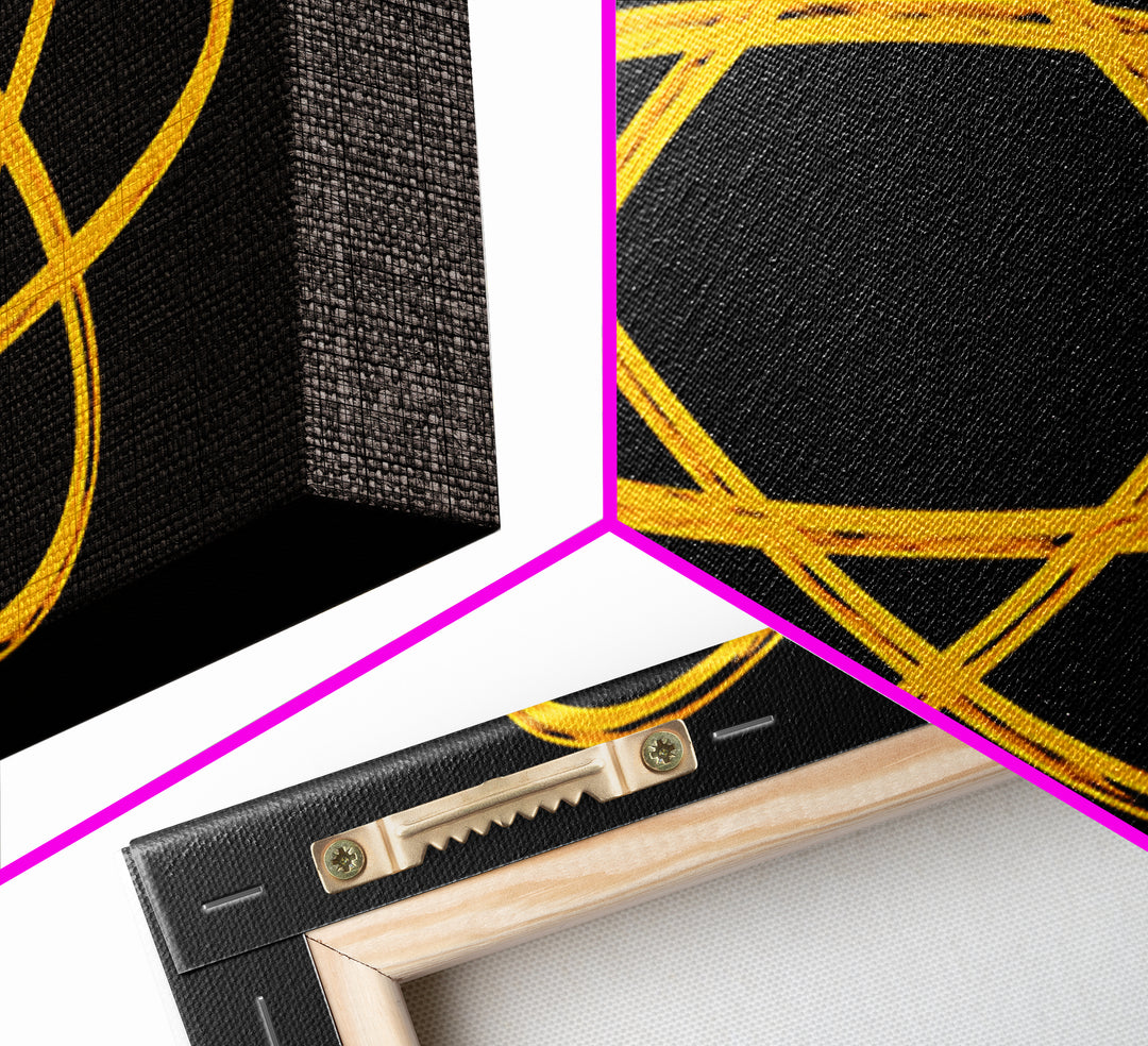 Golden Atomic Orbit Lines On Black Canvas Print, Midcentury Modern Abstract Wall Art, Retro Space Poster, Office Decor, Geek Decor
