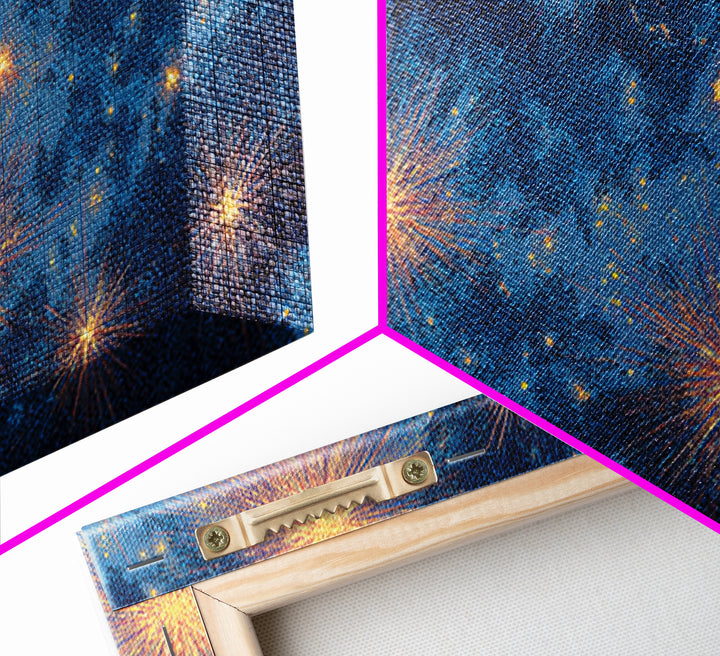 Blue Cloudy Fireworks Night Sky Canvas Print, Celestial Space Wall Art, Gold Stars Modern Decor For Bedroom Or Office Decor