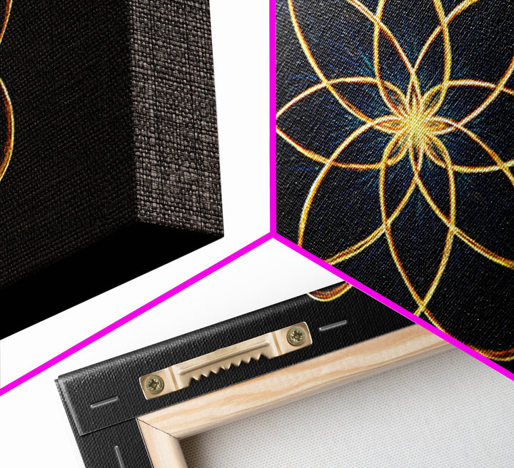 Gold Lotus Flower Line Art Canvas Print, Black And Gold Sacred Geometry Wall Decor, Spiritual Modern Abstract Artwork Gift