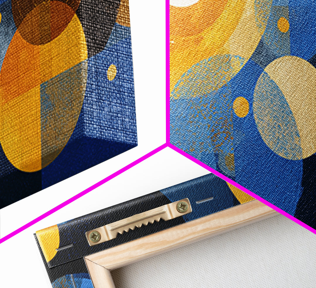Blue Gold Atomic Circles Canvas Print, Midcentury Modern Wall Art, Geometric Abstract Poster, Retro Office Decor, MCM Home Art