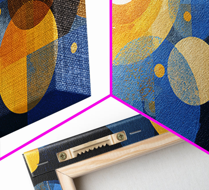 Blue Gold Atomic Circles Canvas Print, Midcentury Modern Wall Art, Geometric Abstract Poster, Retro Office Decor, MCM Home Art