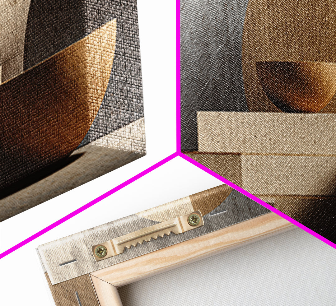 Architectural Stairs And Stone Bowls Wall Art, Framed Canvas Print, Midcentury Modern Decor, Neutral Abstract Home Office Art