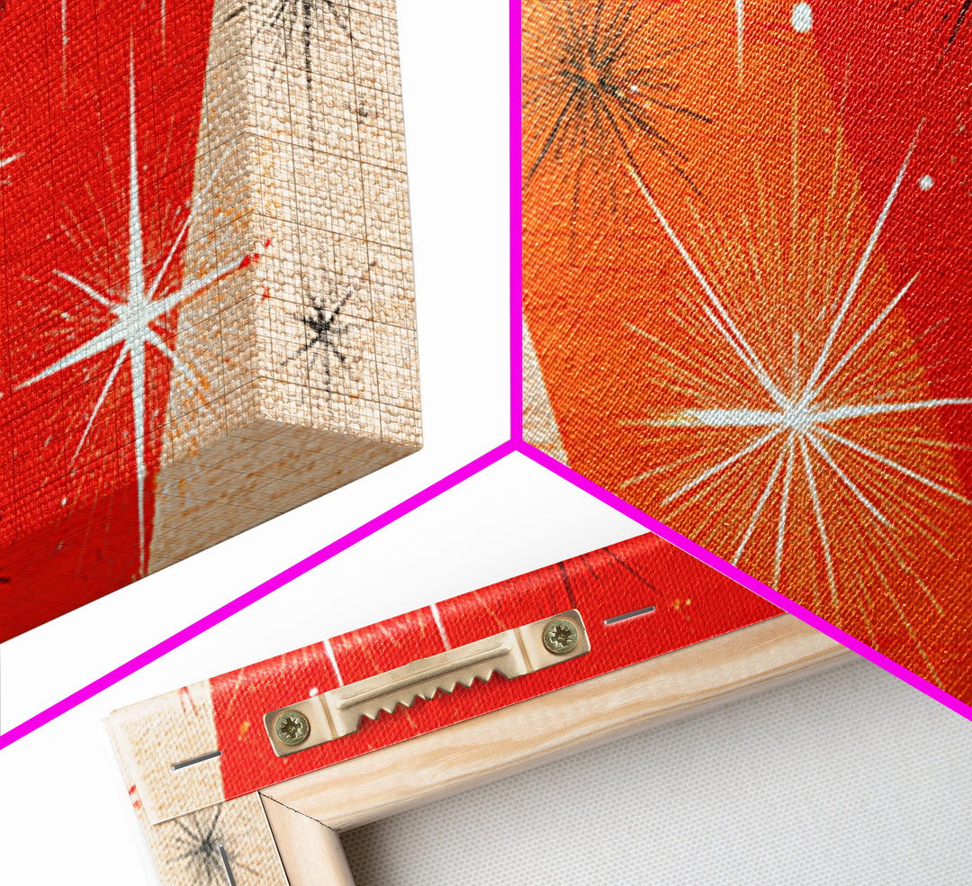 Orange Atomic Starburst Framed Canvas Print, Mid Century Modern Wall Decor, Retro Geometric Abstract Art For Bedroom Or Office