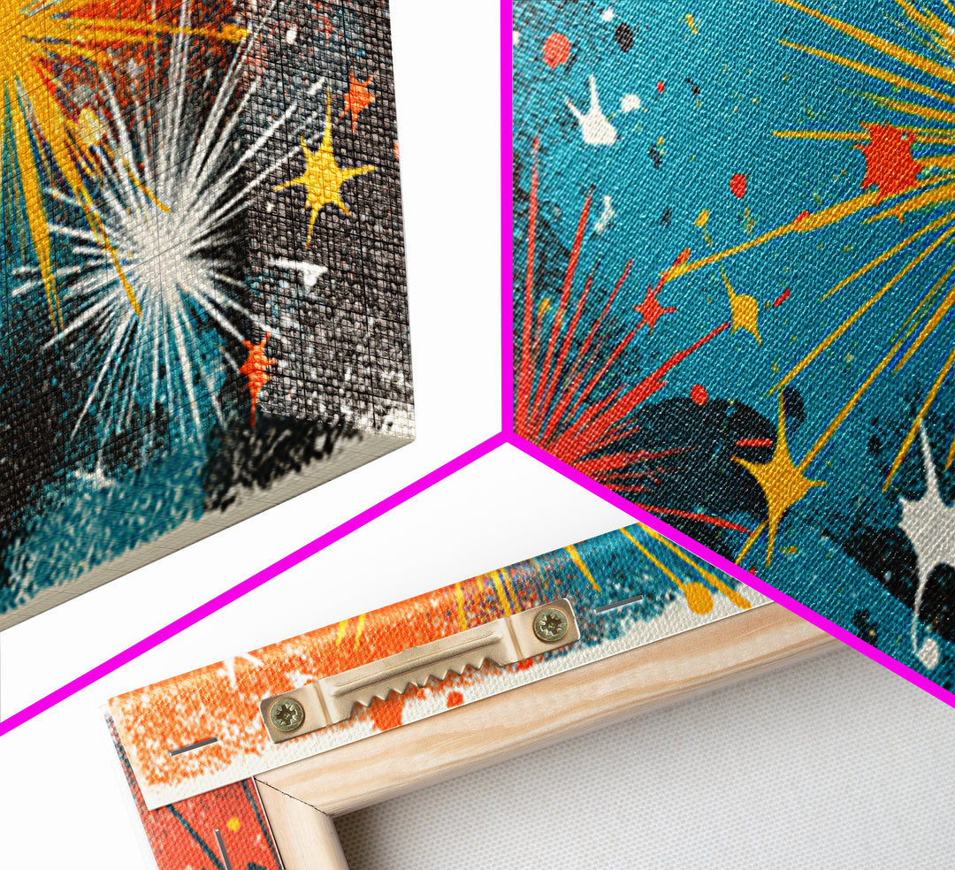 Teal Orange Splatter Starburst Wall Art, Atomic Mid Century Modern Decor, Retro Abstract Print For Living Room Or Office Decor