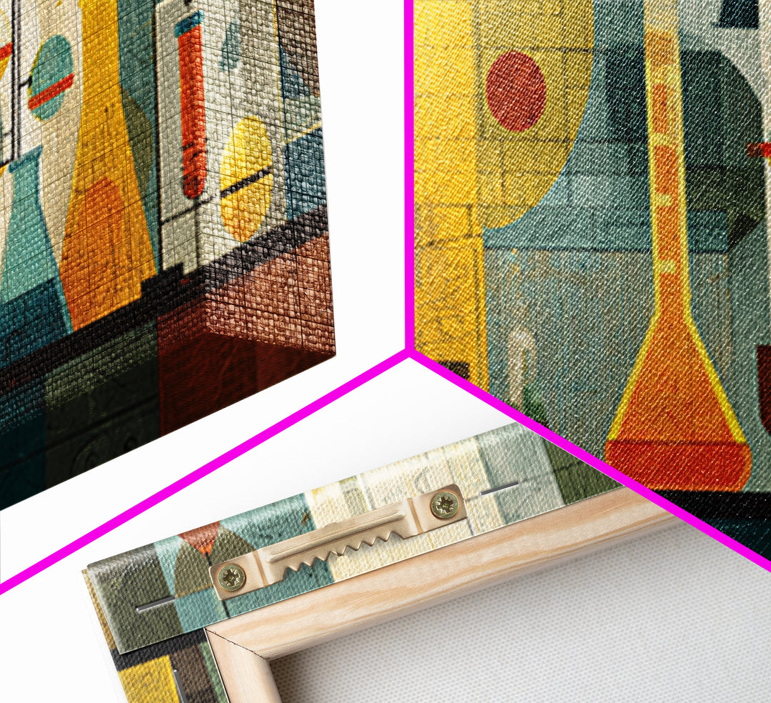 Yellow Teal Laboratory Still Life Framed Canvas Print, Mid Century Modern Wall Decor, Retro Science Art For Home Office Decor