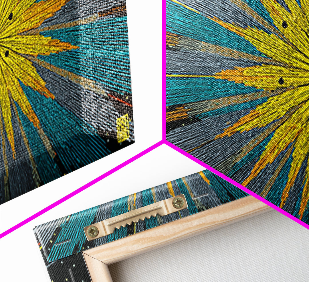 Yellow Teal Cosmic Starburst Canvas Print, Midcentury Modern Space Abstract Wall Art, Atomic Retro MCM Home Decor For Office Decor