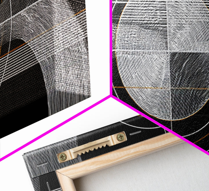 Black White Orbital Waves Framed Canvas Print, Midcentury Modern Wall Art, Geometric Abstract Poster, MCM Home Decor, Gold Accent