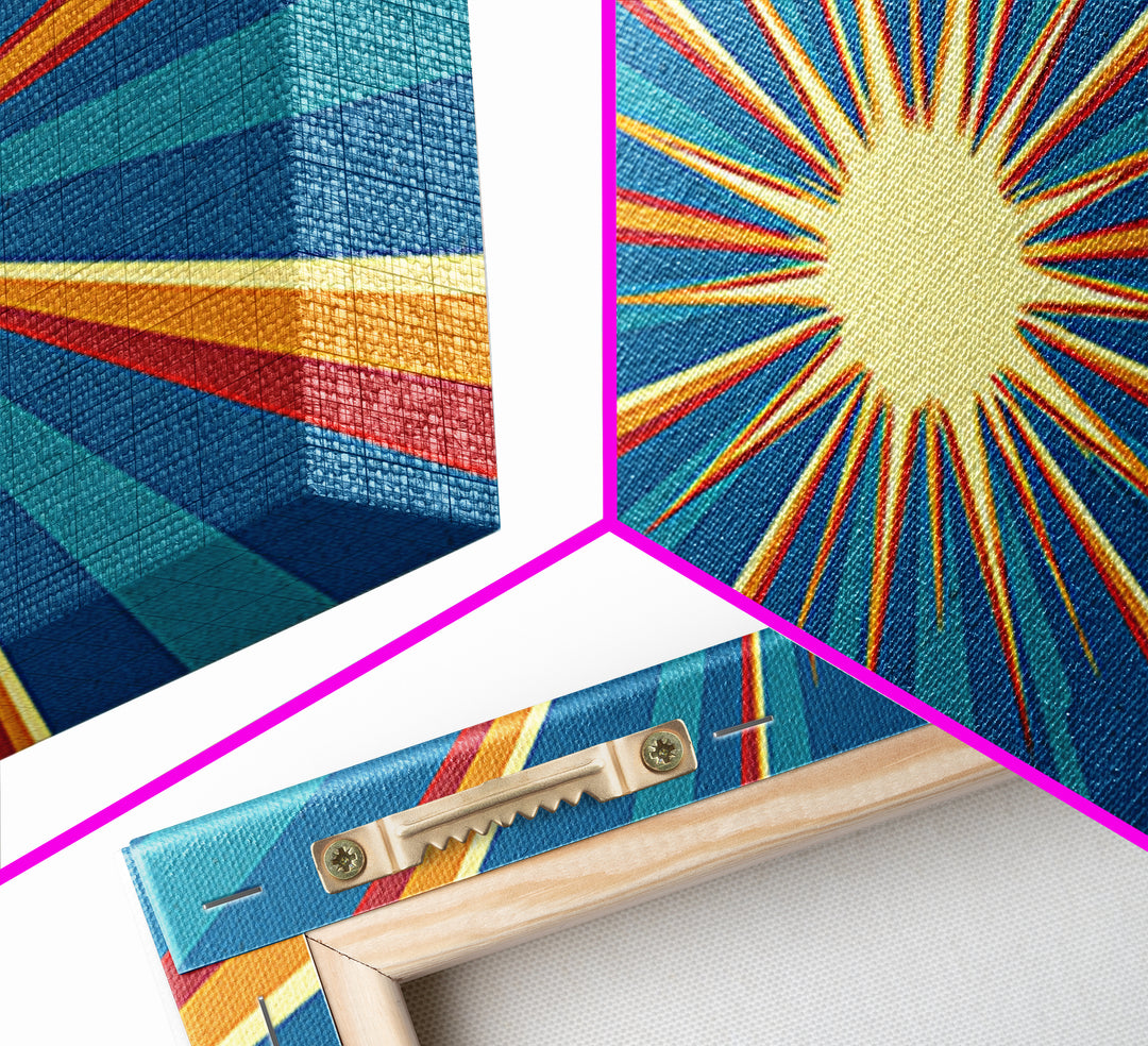 Retro Radiant Sunburst In Teal Blue Wall Art, Midcentury Modern Art, Atomic 60s Poster, Colorful Geometric Wall Decor Print