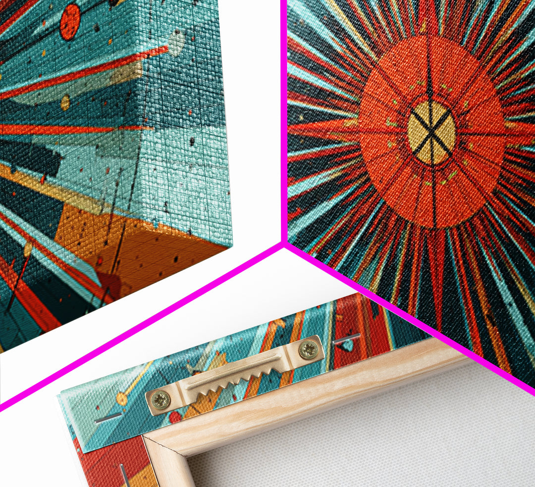 Orange Teal Cosmic Sunburst Canvas Print, Midcentury Modern Art, Retro Atomic Poster, Bold Geometric Wall Decor, 1950s Space Print