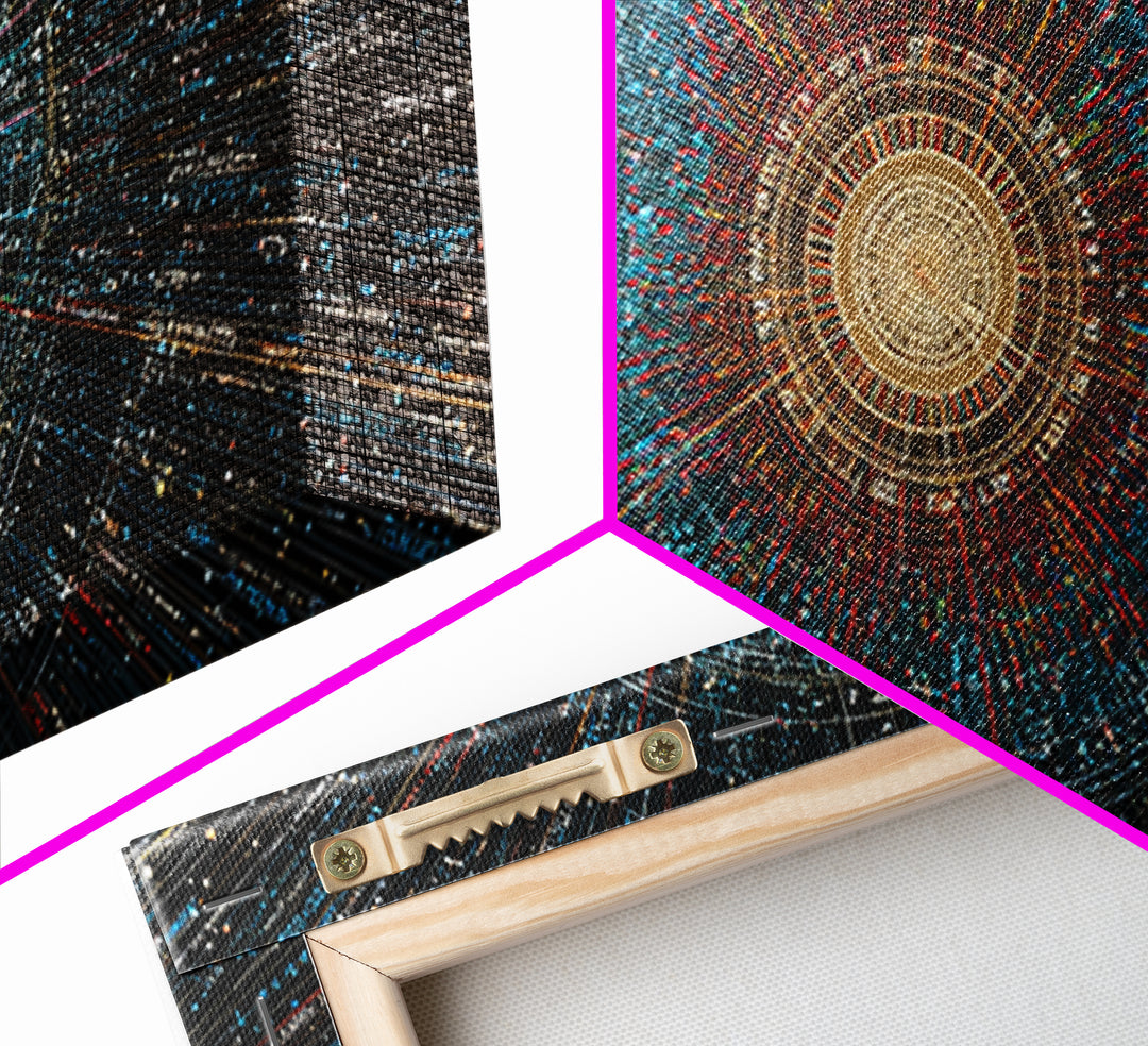 Golden Data Starburst Framed Canvas Print, Modern Abstract Art, Cosmic Geometric Wall Decor, Sci Fi Poster, Blue Orange Space Art