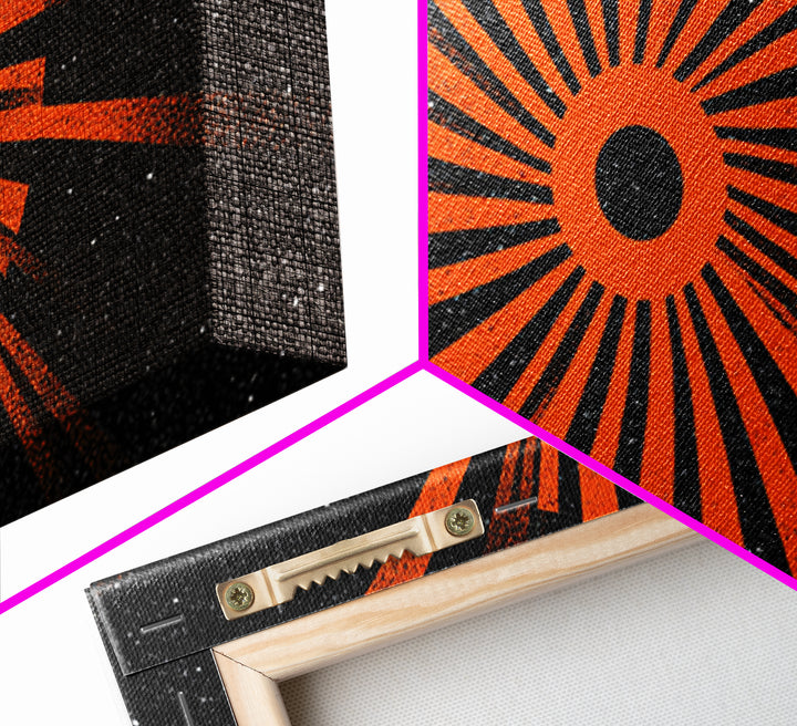 Orange Eclipse Sunburst Canvas Print, Retro Space Abstract Art, Midcentury Modern Wall Decor, Black Atomic Poster For Living Room