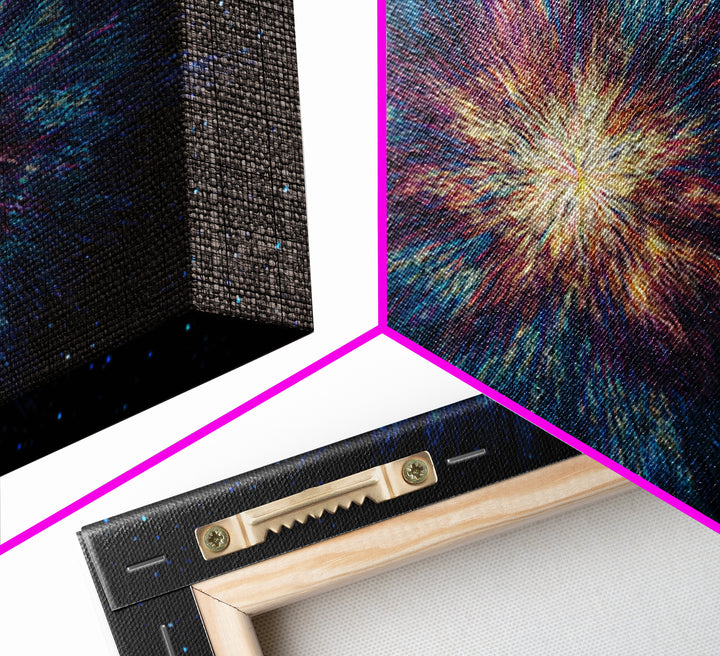 Luminous Nebula Starburst Framed Canvas Print, Cosmic Abstract Wall Art, Modern Galaxy Poster, Blue Purple Bedroom Decor
