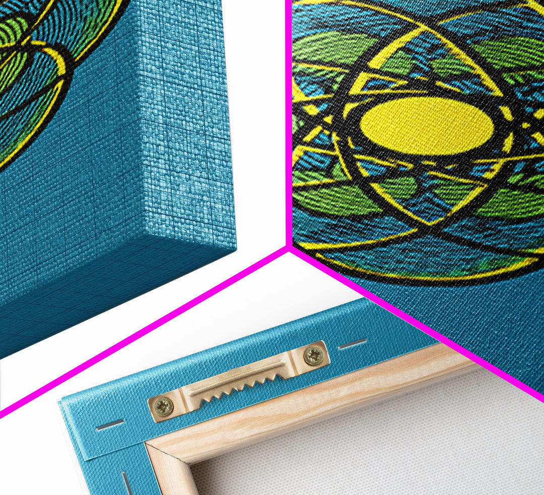 Colorful Atomic Flower Symbol On Blue Canvas Print, Midcentury Modern Wall Decor, Geometric Art Print, Retro Space Poster