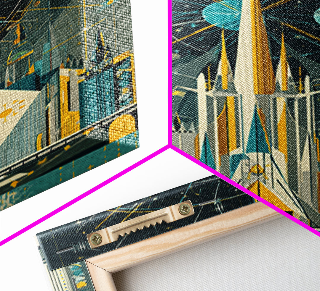 Atomic Rocket Spire Space Age City Canvas Print, Mid Century Modern Wall Art, Futuristic Planet Poster, Geometric MCM Decor