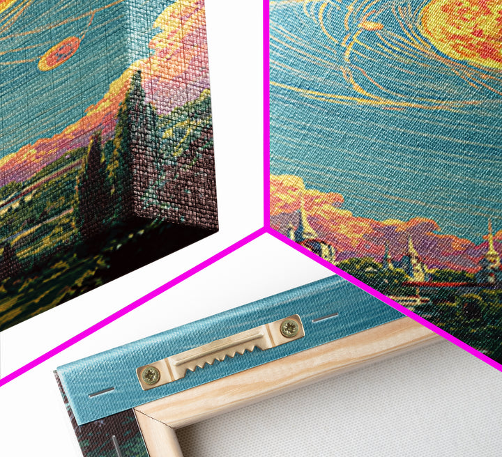 Glowing Atomic Sun Over Retro Future City Canvas Print, Mid Century Modern Wall Art, Cosmic Space Poster, Scenic MCM Decor