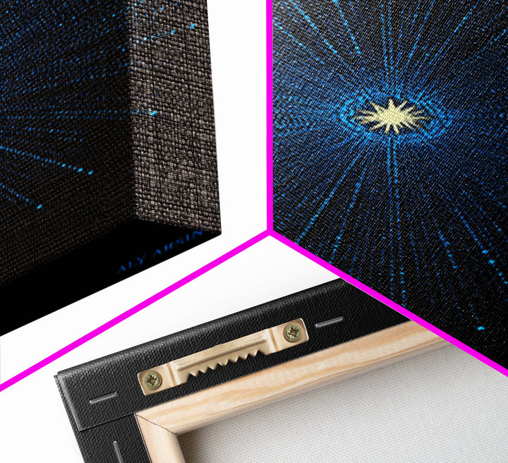 Blue Cosmic Starburst Wall Art, Modern Abstract Space Poster, Atomic Midcentury Decor, Black Sci Fi Galaxy Print For Living Room