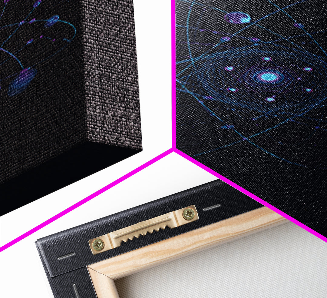 Blue Purple Atomic Orbit Canvas Print, Dark Space Abstract Science Art, Modern Wall Decor, Midcentury Geometric Poster Print