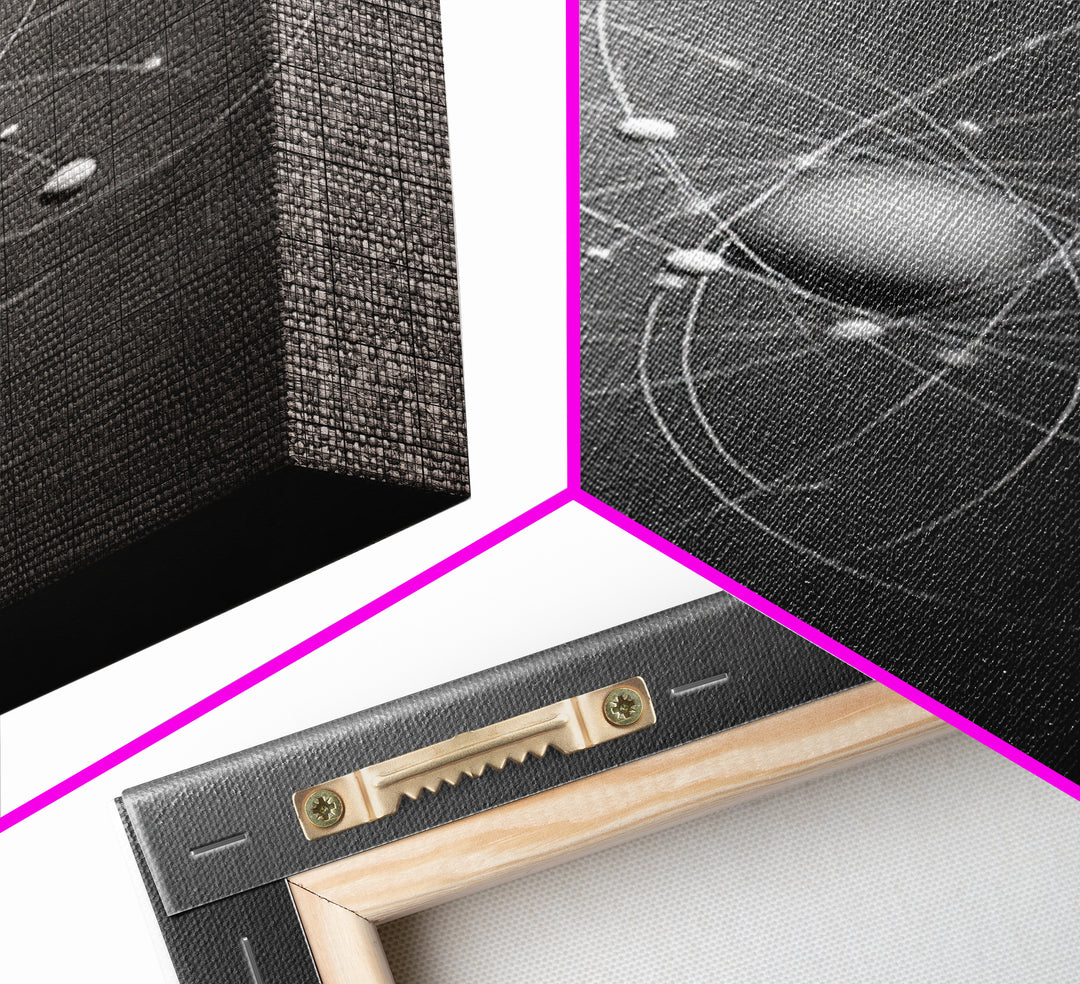 Monochrome Atom Model Framed Canvas Print, Gray Science Abstract Art, Modern Wall Decor, Mid Century Geometric Poster Print