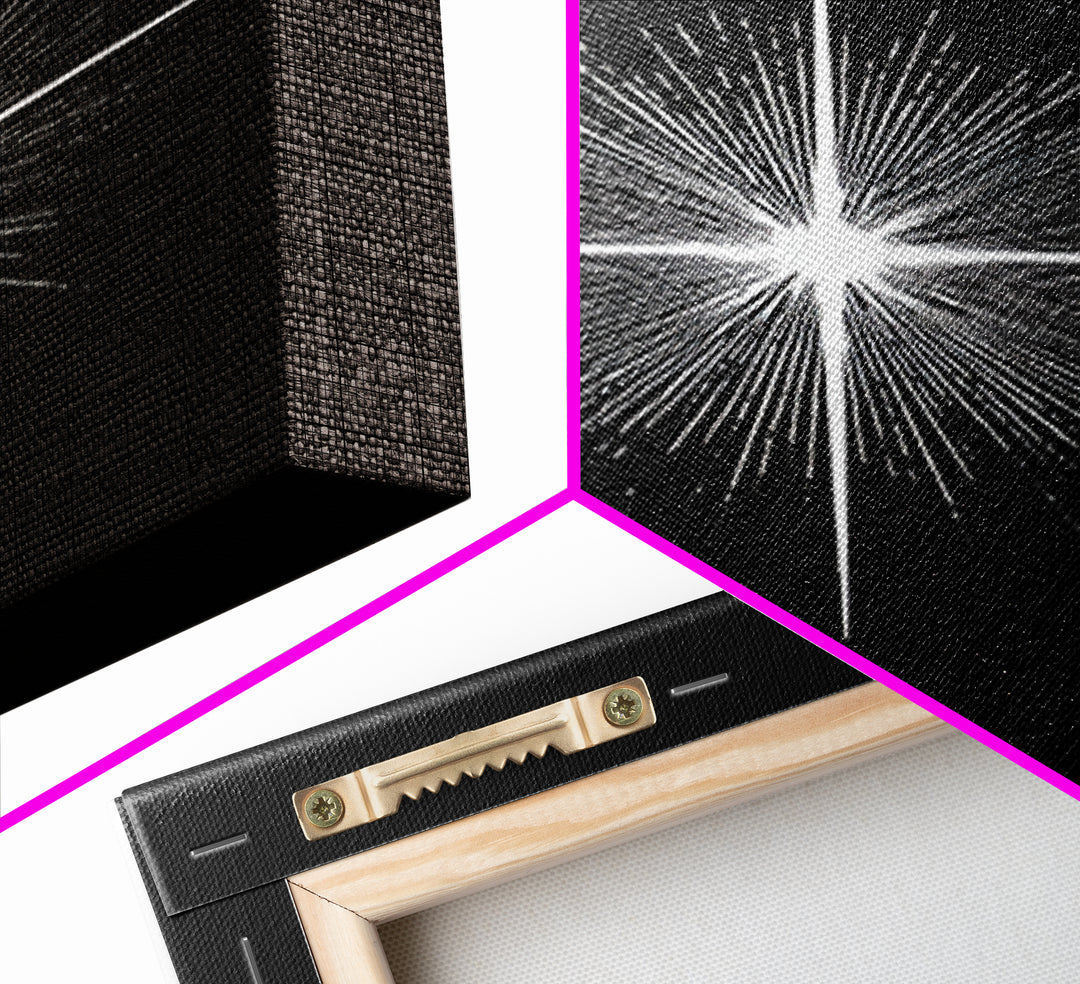 White Radiant Starburst Wall Art, Black Minimal Cosmic Abstract, Modern Geometric Poster, Mid Century Space Home Decor Print