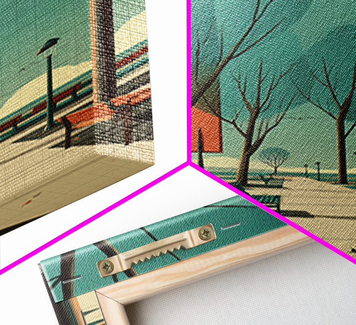 Teal Orange City Promenade Wall Art, Mid Century Modern Travel Poster, Architectural Park Print, Retro Urban Wall Decor Print