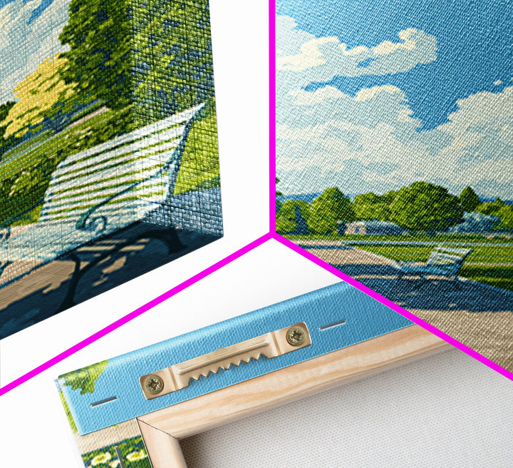 Green Formal Garden Walkway Framed Canvas Print, Mid Century Modern Nature Art, Bright Park Landscape Wall Decor For Home Office