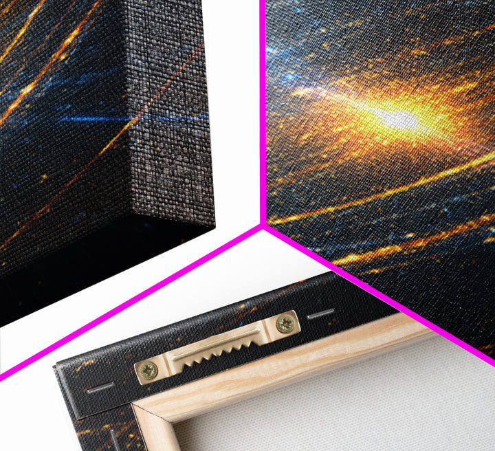 Radiant Starburst Galaxy With Golden Orbital Rings Wall Art, Cosmic Space Poster, Modern Abstract Art, Sci Fi Home Decor