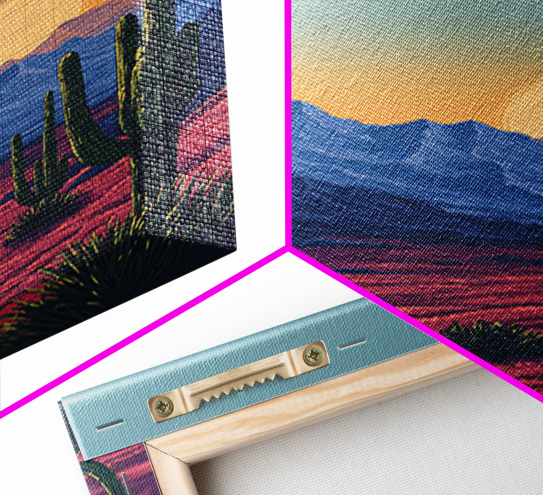 Saguaro Desert Mountains At Sunset Wall Art, Mid Century Modern Southwest Landscape, Retro Travel Poster, Colorful Home Decor