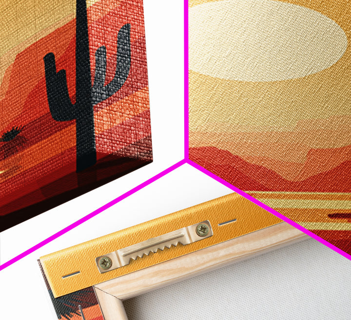 Canyon River Saguaro Sunset Canvas Print, Mid Century Modern Desert Poster, Southwestern Decor, Orange Living Room Wall Art