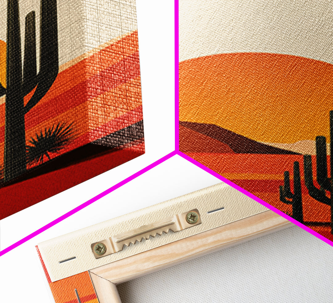 Orange Desert Sun With Tall Cactus Framed Canvas Print, Mid Century Modern Art, Minimal Southwest Decor, Warm Retro Poster