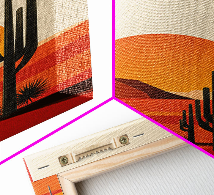 Orange Desert Sun With Tall Cactus Framed Canvas Print, Mid Century Modern Art, Minimal Southwest Decor, Warm Retro Poster