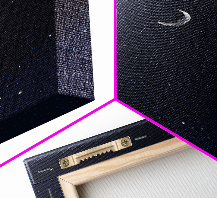 Dark Navy Crescent Moon Wall Art, Starry Sky Minimalist Print, Blue Celestial Decor, Modern Bedroom Poster, Spiritual Gift