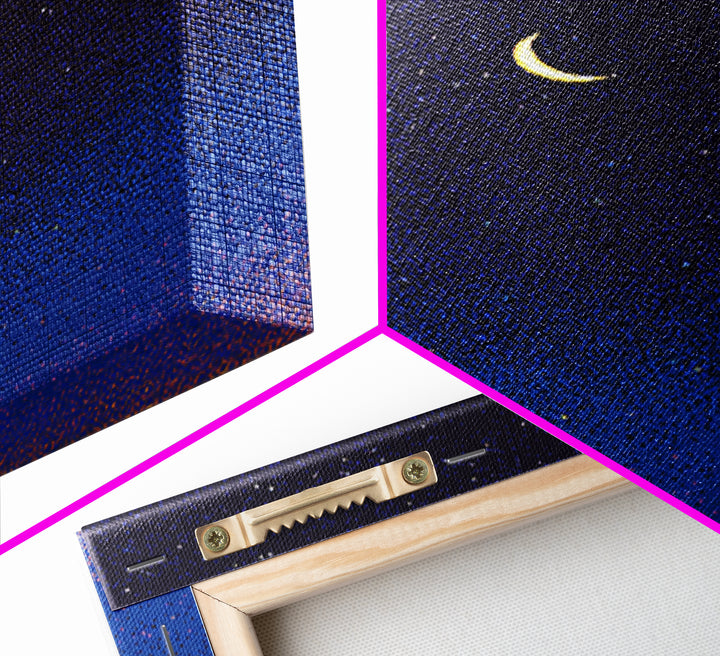 Purple Blue Crescent Moon Canvas Print, Starry Night Sky Wall Art, Celestial Bedroom Decor, Modern Spiritual Poster Gift