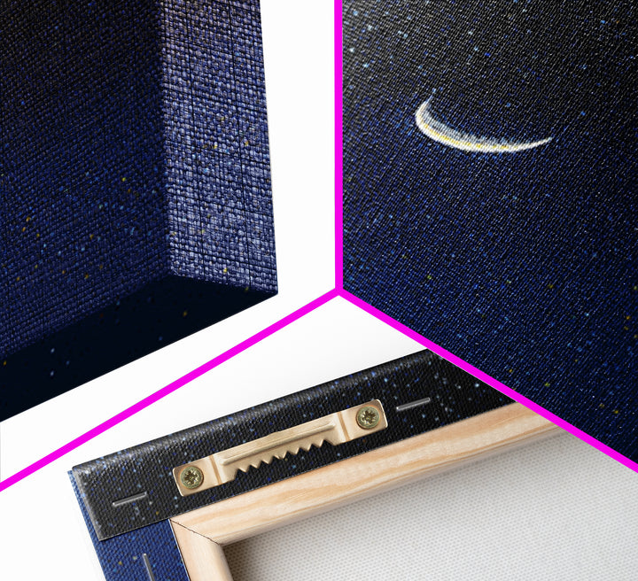 Glowing Crescent Moon Blue Star Field Canvas Print, Celestial Night Sky Poster, Modern Wall Decor, Dreamy Bedroom Art Print