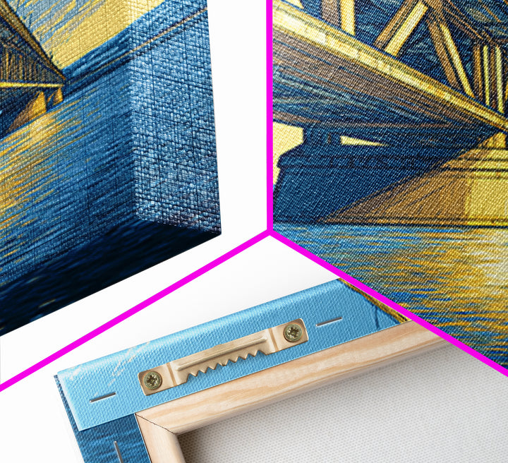 Blue Golden Bridge At Sunset Framed Canvas Print, Scenic Landscape Wall Art, Modern Coastal Decor, Lake House Art Print Gift
