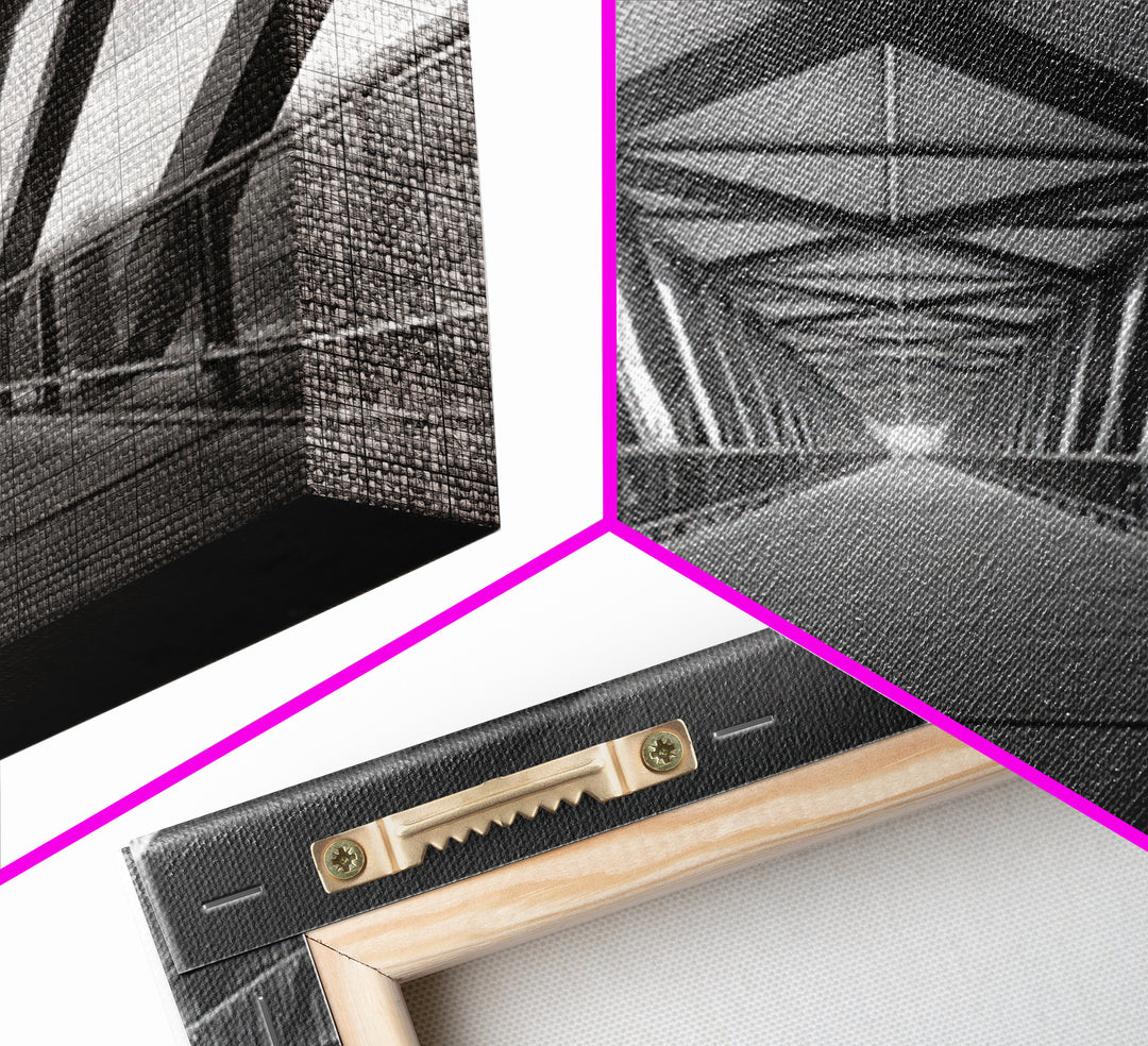 Black And White Pedestrian Bridge Wall Art, Architectural Perspective Print, Modern Office Decor, Minimalist Framed Canvas Print