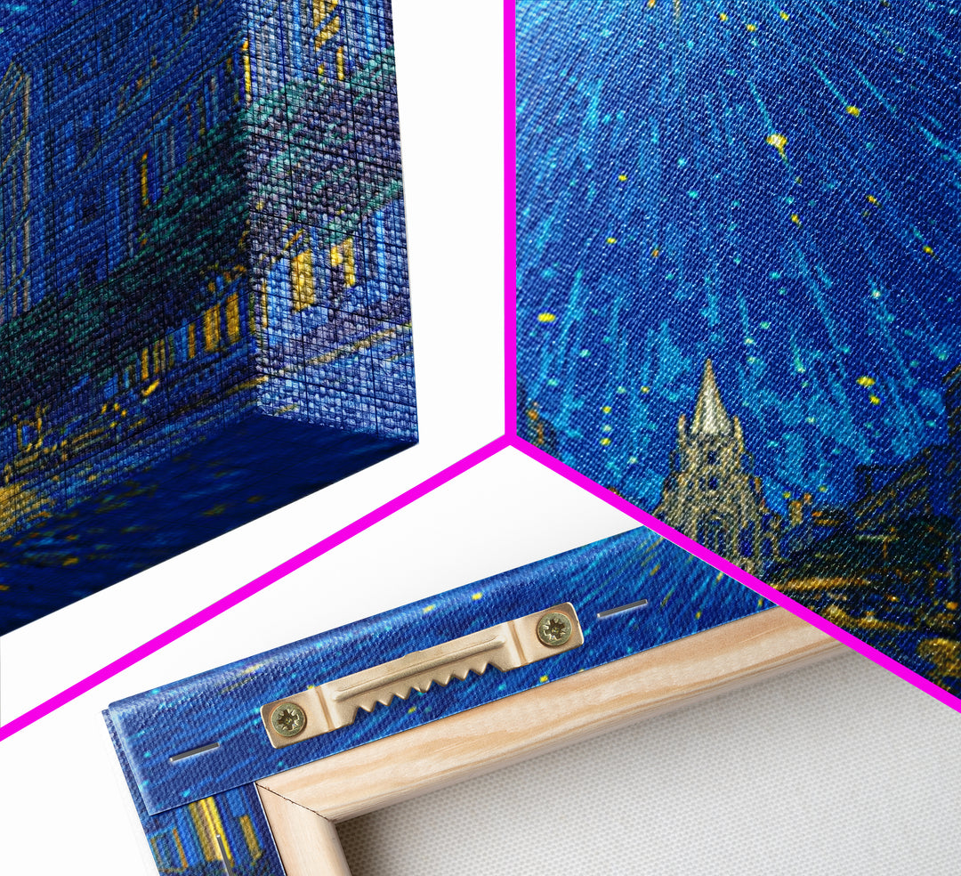Radiant Starburst Above Blue City Street Canvas Print, Night Skyline Wall Art, Modern Travel Poster, Gothic Cathedral Decor